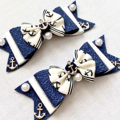 2 Sailor hair bows lolita blue whit..