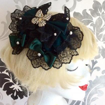 Pretty Hair Bow Headbow Green Black Butterfly..