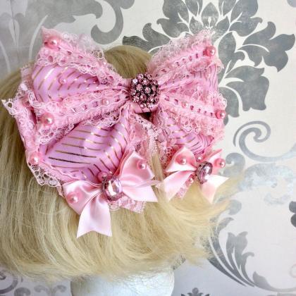 Beautiful Pink Gold Hair Bow Decoration Lolita..