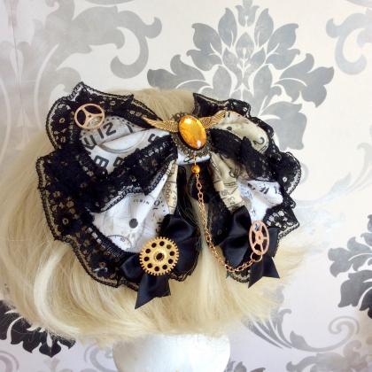 Lovely Lolita Hair Bow Steampunk Gears Watch Wings..