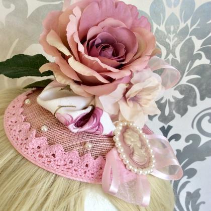 Vintage Fascinator Pink Pearls Rose Ribbon..