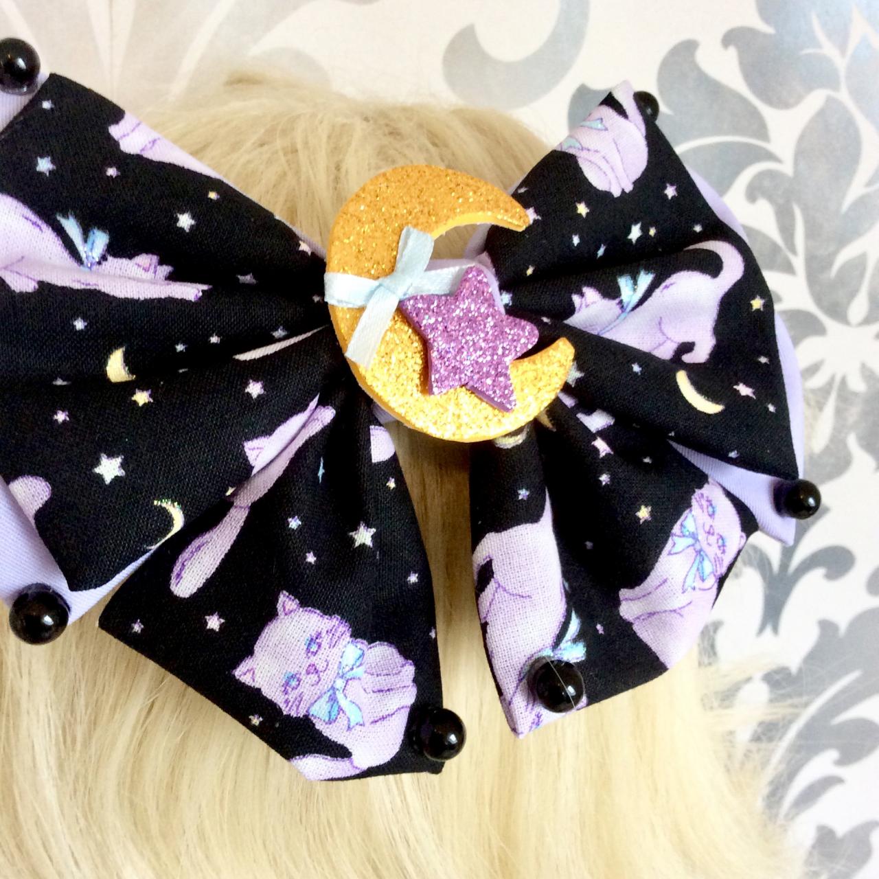 Gorgeous Lolita hair bow cute sweet kawaii loop costume clip rockabilly cute clasp hair clip cat kitty cat moon stars galaxy bow hairbow