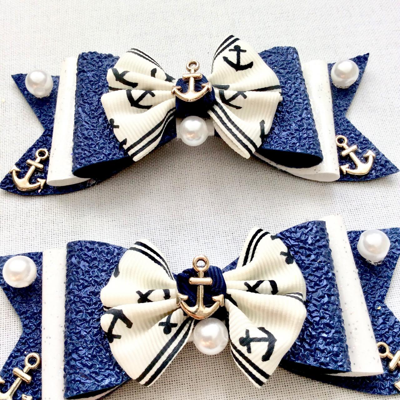 2 Sailor hair bows lolita blue white pearls anchor charms rockabilly vintage maritime sea kawaii glitter ribbon beach brooch pin hair clip