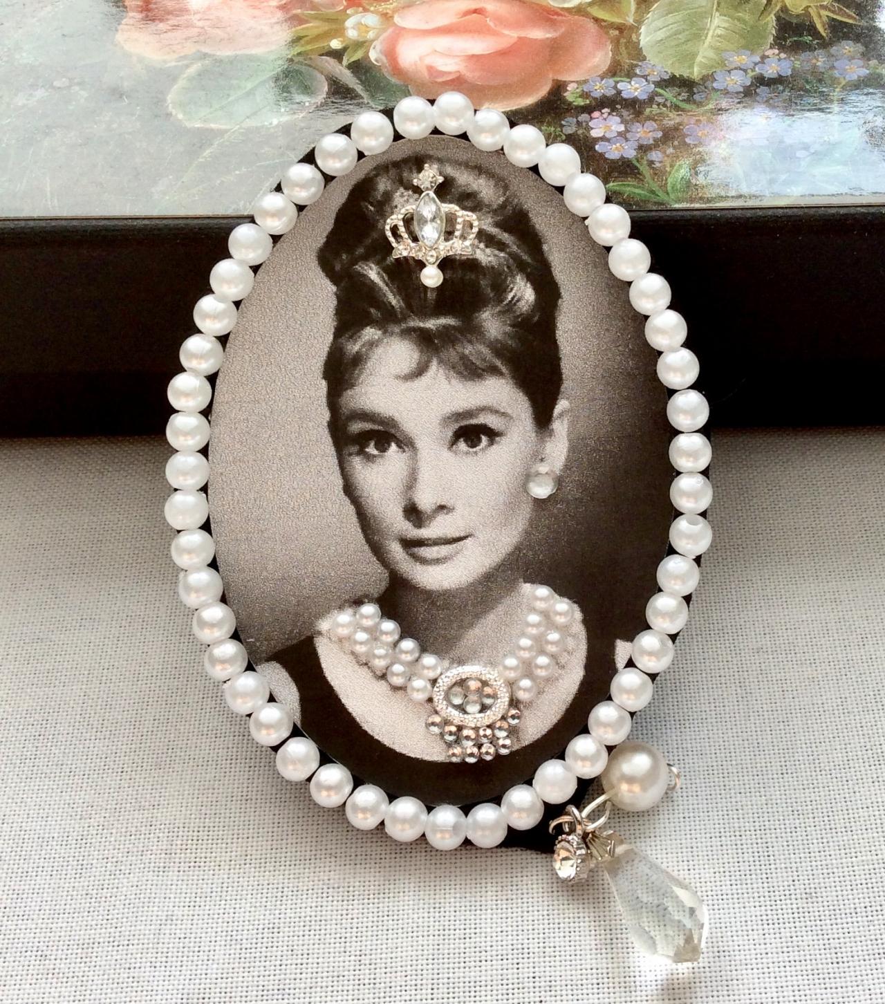 Brooch Vintage Audrey Hepburn Pin Hair Clip Clasp Rockabilly Shabby Chic Pin-up Crown Jewelry 50s 60s Necklace Black White Rhinestones