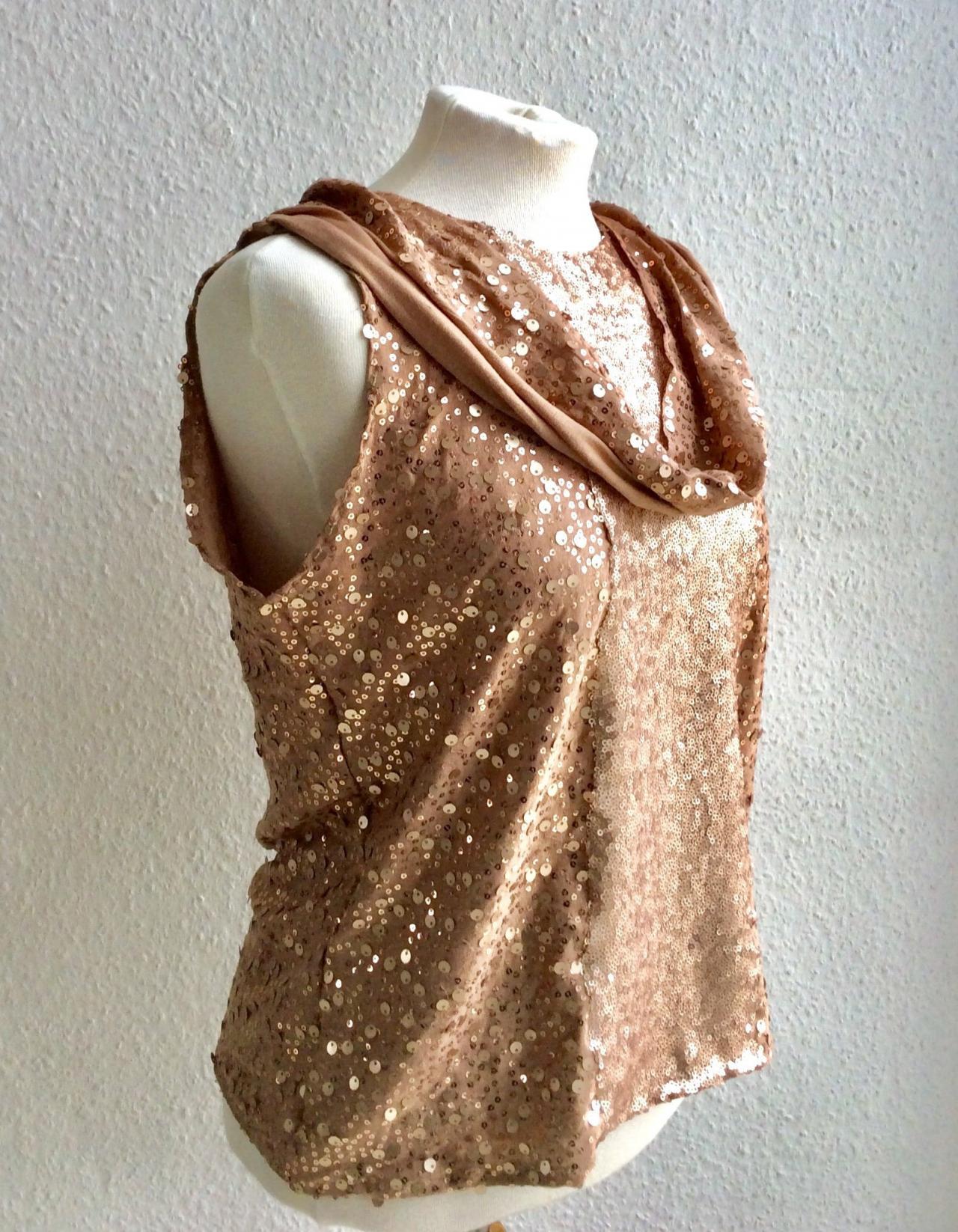 Beautiful Sequined Top Shirt Beige Gold Christmas Years Eve Wedding Flapper Gatsby Glamor Fabric Vintage Party 20s Birthday Glitter