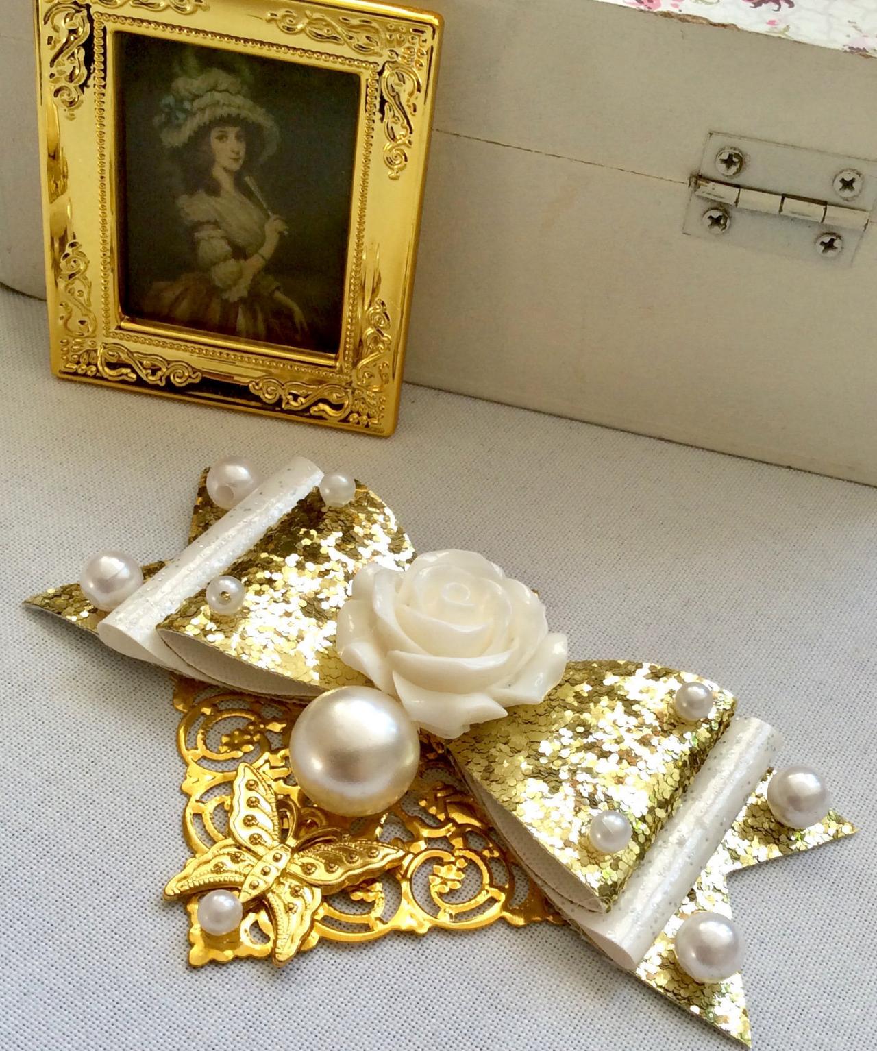 Beautiful Classic Lolita Hair Bow Roses Print Pearls Cameo Cabochon Resin Vintage Rockabilly Kawaii Wedding White Gold Glitter Brooch Pin