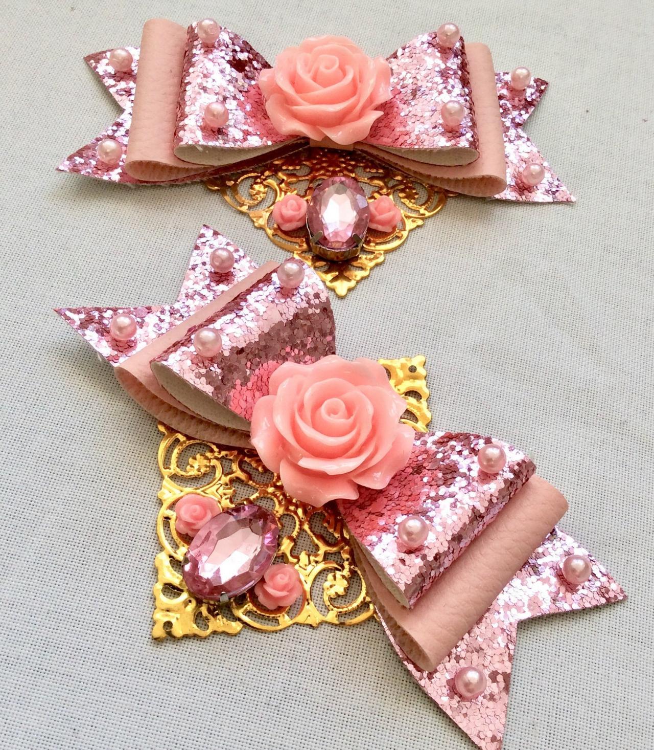 Beautiful Classic Lolita hair bow roses print pearls cameo cabochon resin vintage rockabilly kawaii wedding pink gold glitter brooch pin
