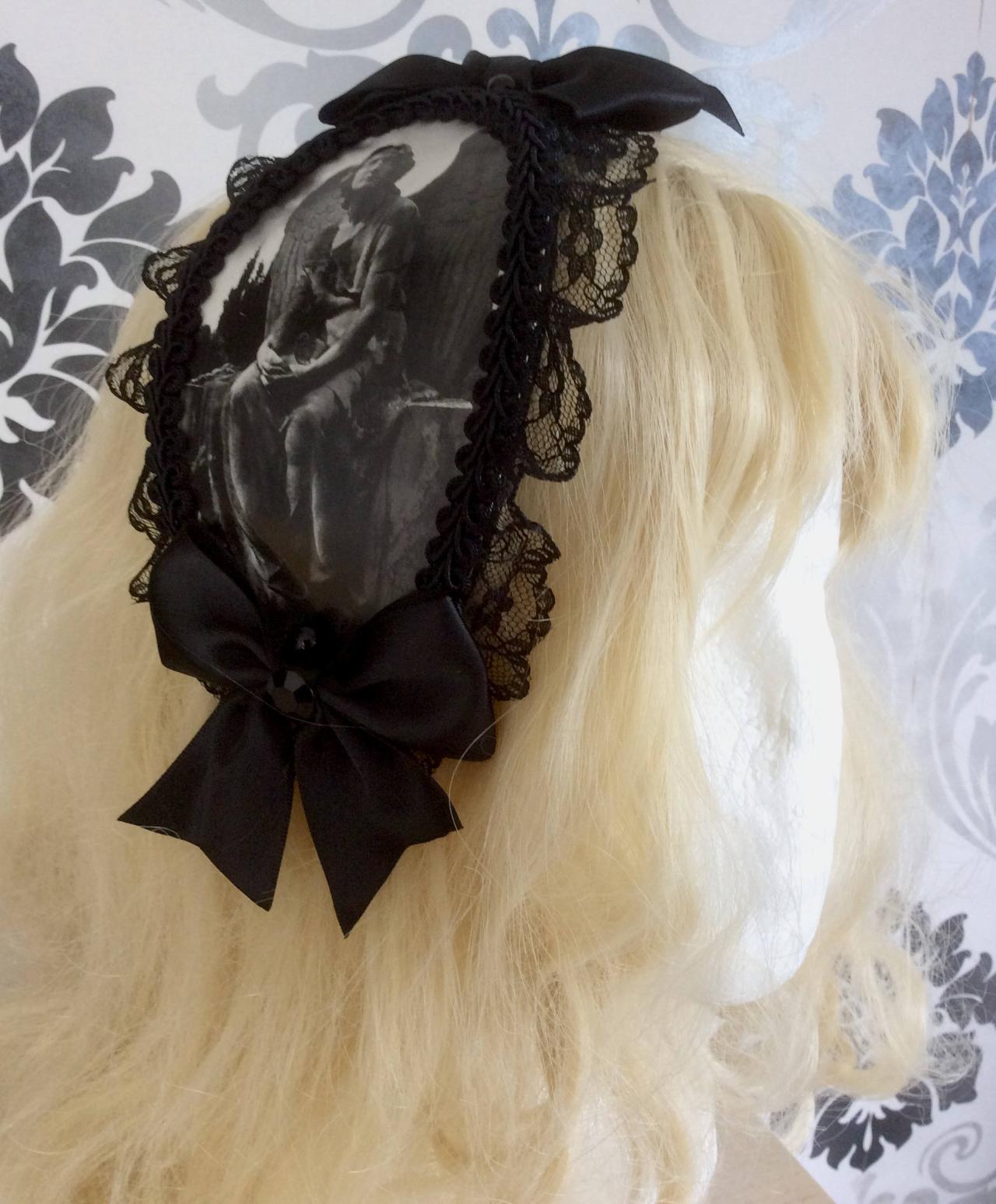 Beautiful Black Lolita Headdress, Headband, Black, White, Painting, Angel
