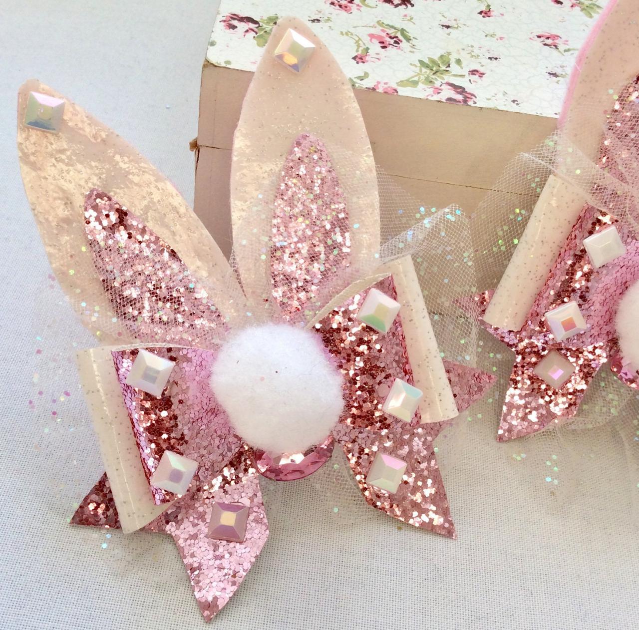 Sweet Lolita Hair Bow Bunny Rabbit Usagi Rhinestone Kawaii Glitter Pink Gold Brooch Pin Clip Fairykei Pastelgoth Cute Ears Easter Decor