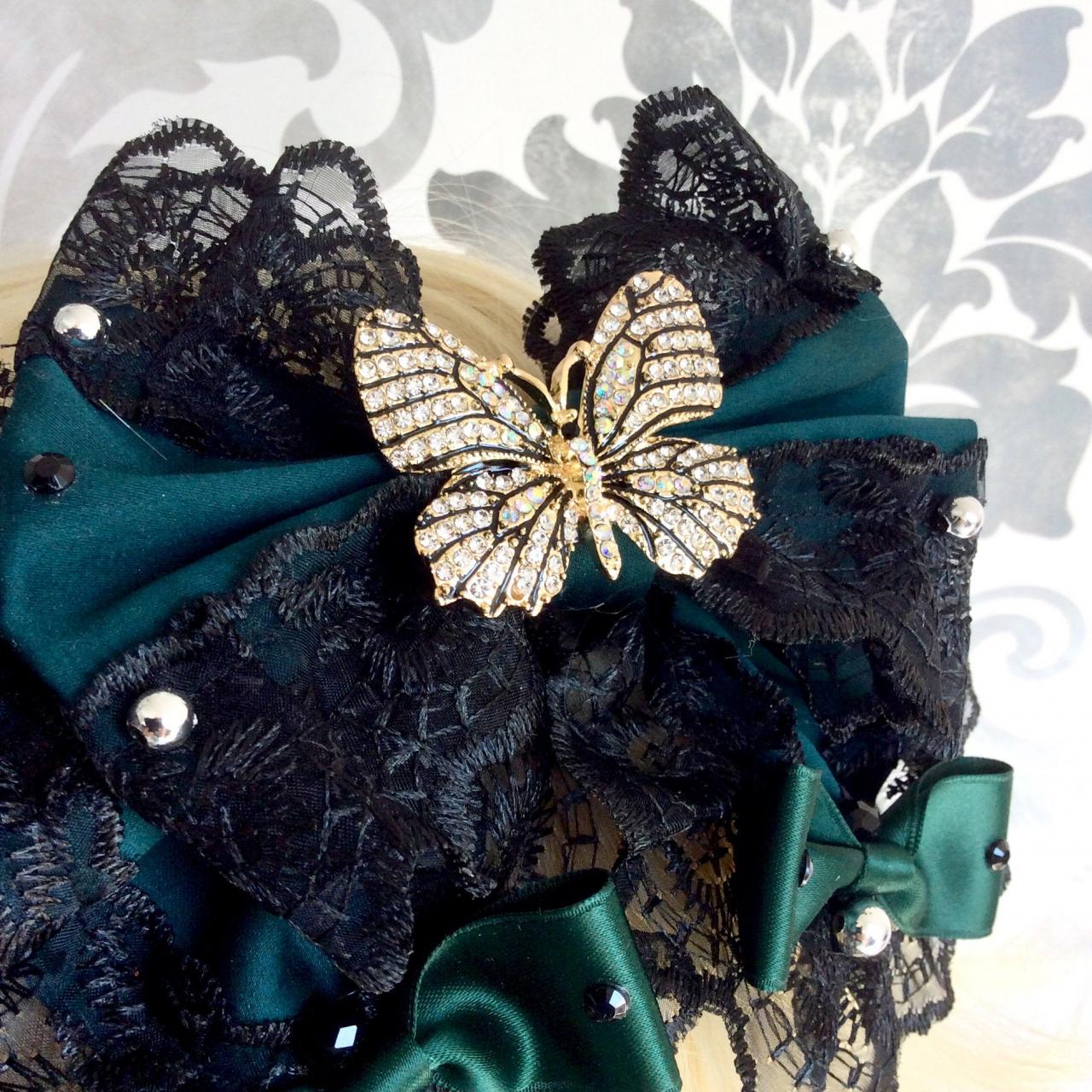 Pretty Hair Bow Headbow Green Black Butterfly Gothic Lolita Lace Headpiece Headband Fascinator Beads Vintage Flower Clips Loop Floral Kawaii