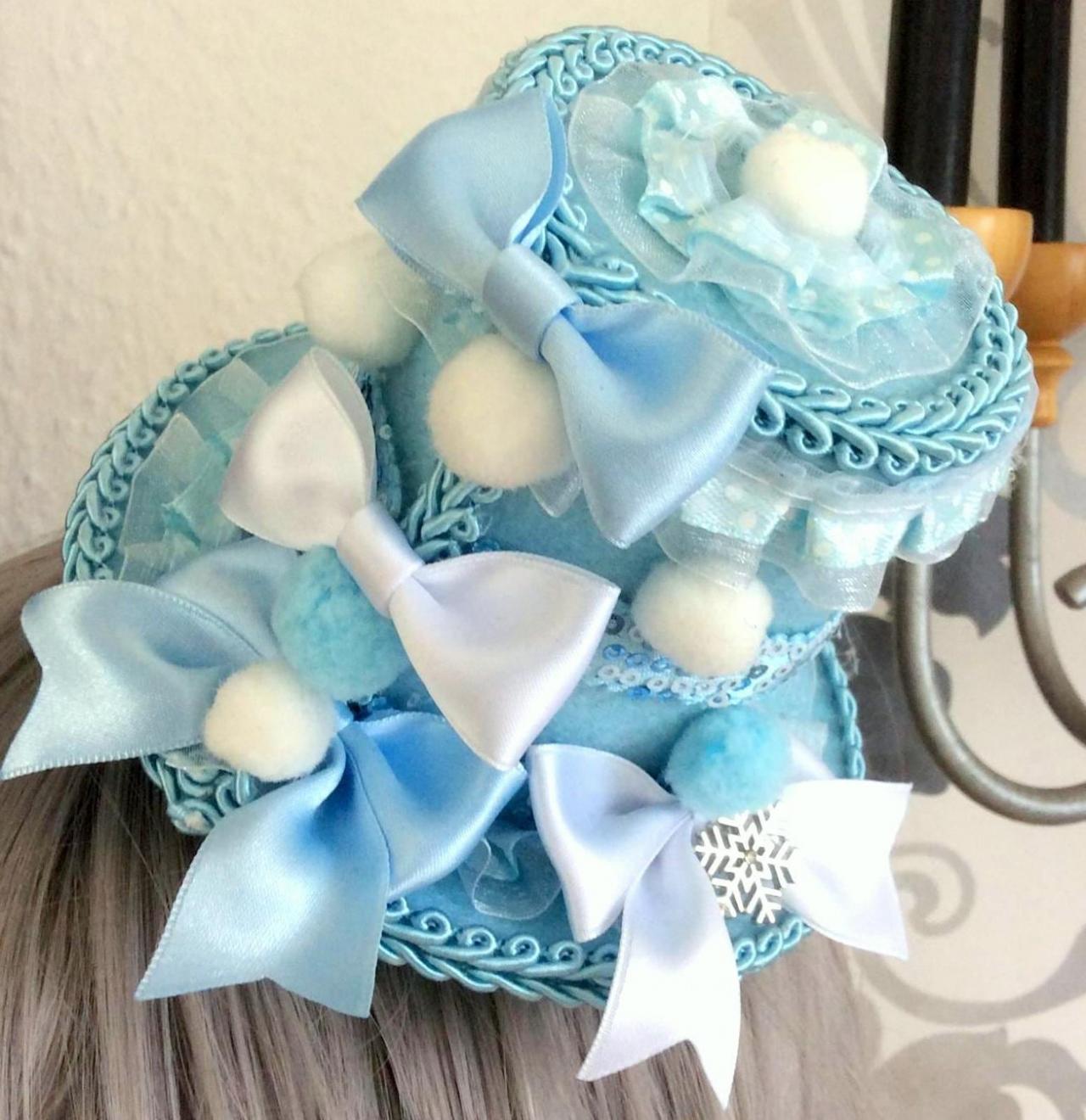 Beautiful Light Blue And White Sweet Lolita Minihat In A Cute Winter Design, Pompoms, Snowflake, Bow Ruffles, Elsa Snowqueen