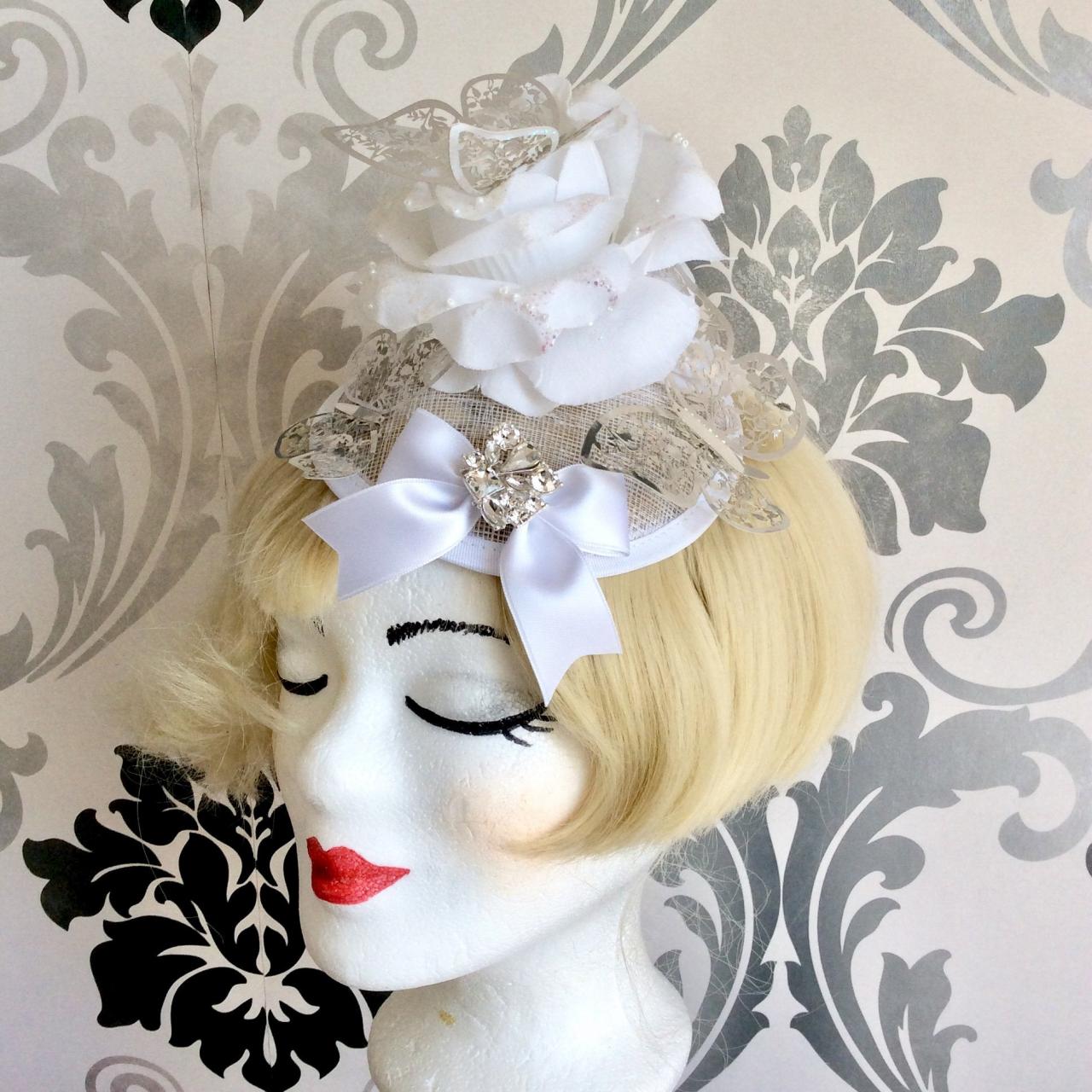 Vintage Fascinator White Retro Rose Ribbon Headband Classic Lolita Pink Rockabilly Flower Pearls Jewelry Rhinestone Wedding Bride Butterfly