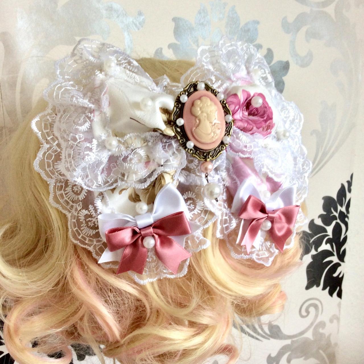 Accent Flower Lolita Hairclip Black/Gray/Brown and Bow Feather with