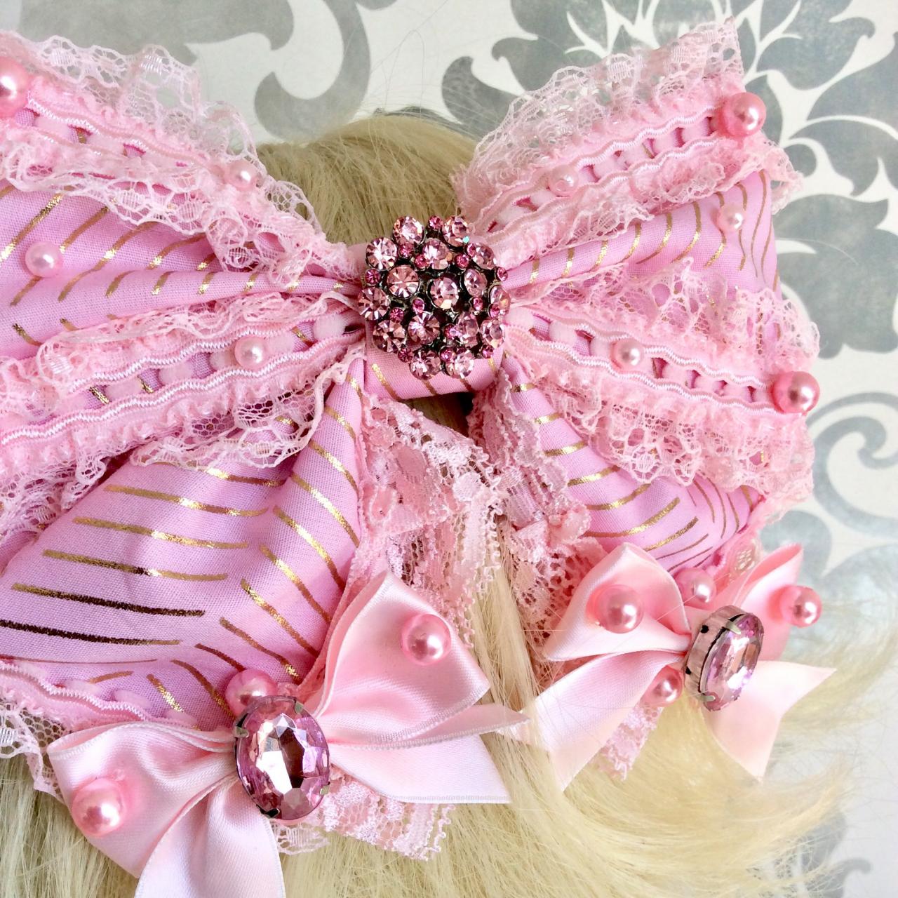 Beautiful Pink Gold Hair Bow Decoration Lolita Rhinestone Pearl Lace Resin Cabochon Kawaii Sweet Headdress Hairbow Wedding Artdeco Metallic