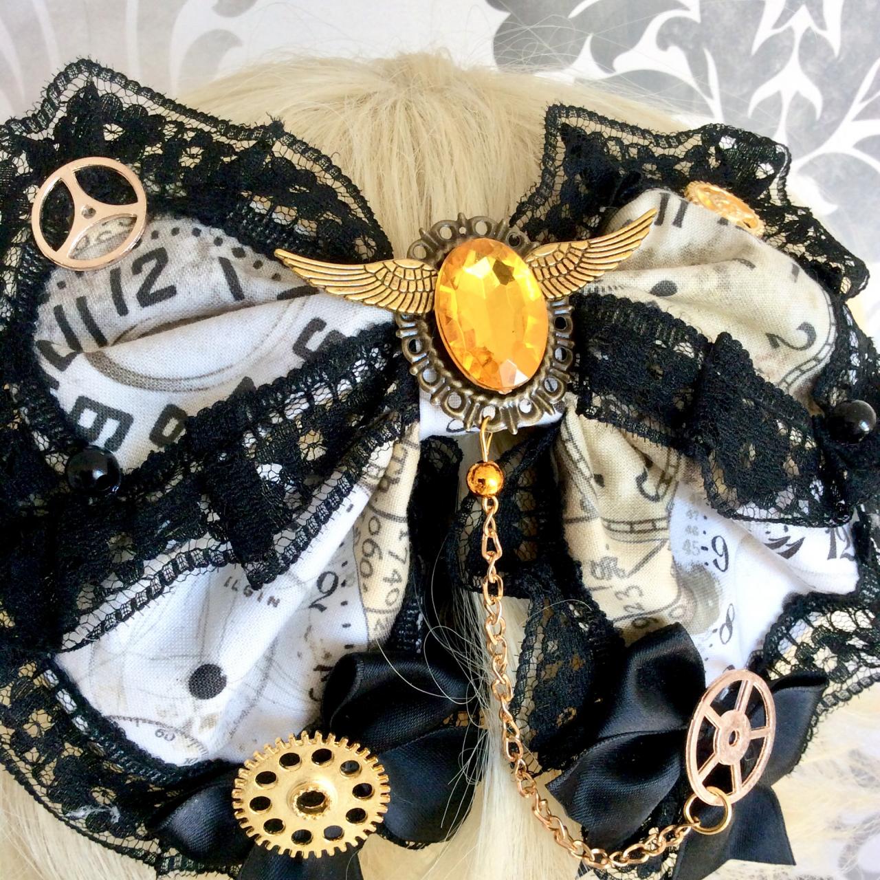 Lovely Lolita Hair Bow Steampunk Gears Watch Wings Classical Gothic Bow Headpiece Hair Band Headdress Bow Lace Print Jewelry Hairbow