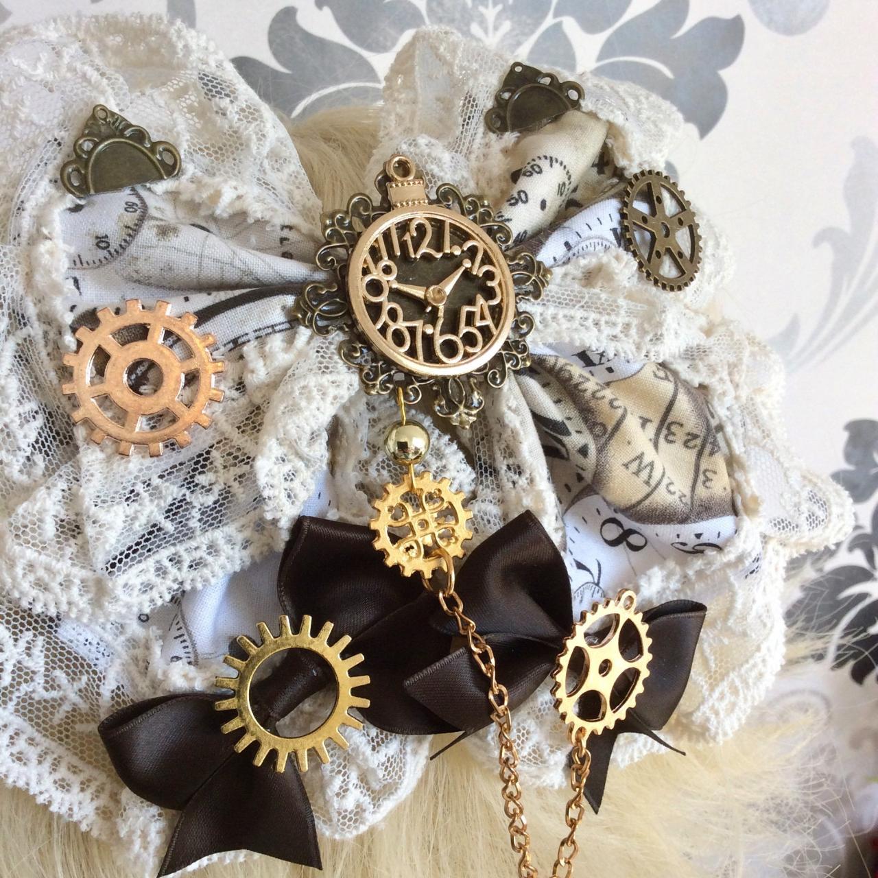 Lovely Lolita Hair Bow Steampunk Gears Watch Alice Classical Gothic Bow Headpiece Hair Band Headdress Bow Lace Print Jewelry hairbow