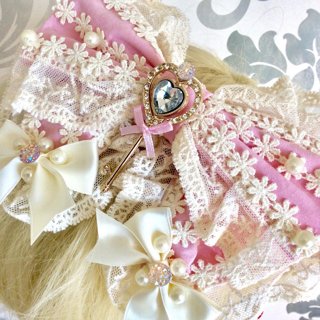 Beautiful pink hair bow decoration lolita rhinestone pearl lace resin cabochon kawaii sweet key charm headdress hairbow country vintage
