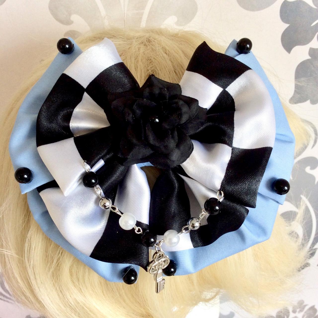 Pretty Alice In Wonderland Inspired Hair Bow Lolita Sweet Cosplay Pearl Key Rose Kawaii Chessboard Light Blue Headpiece