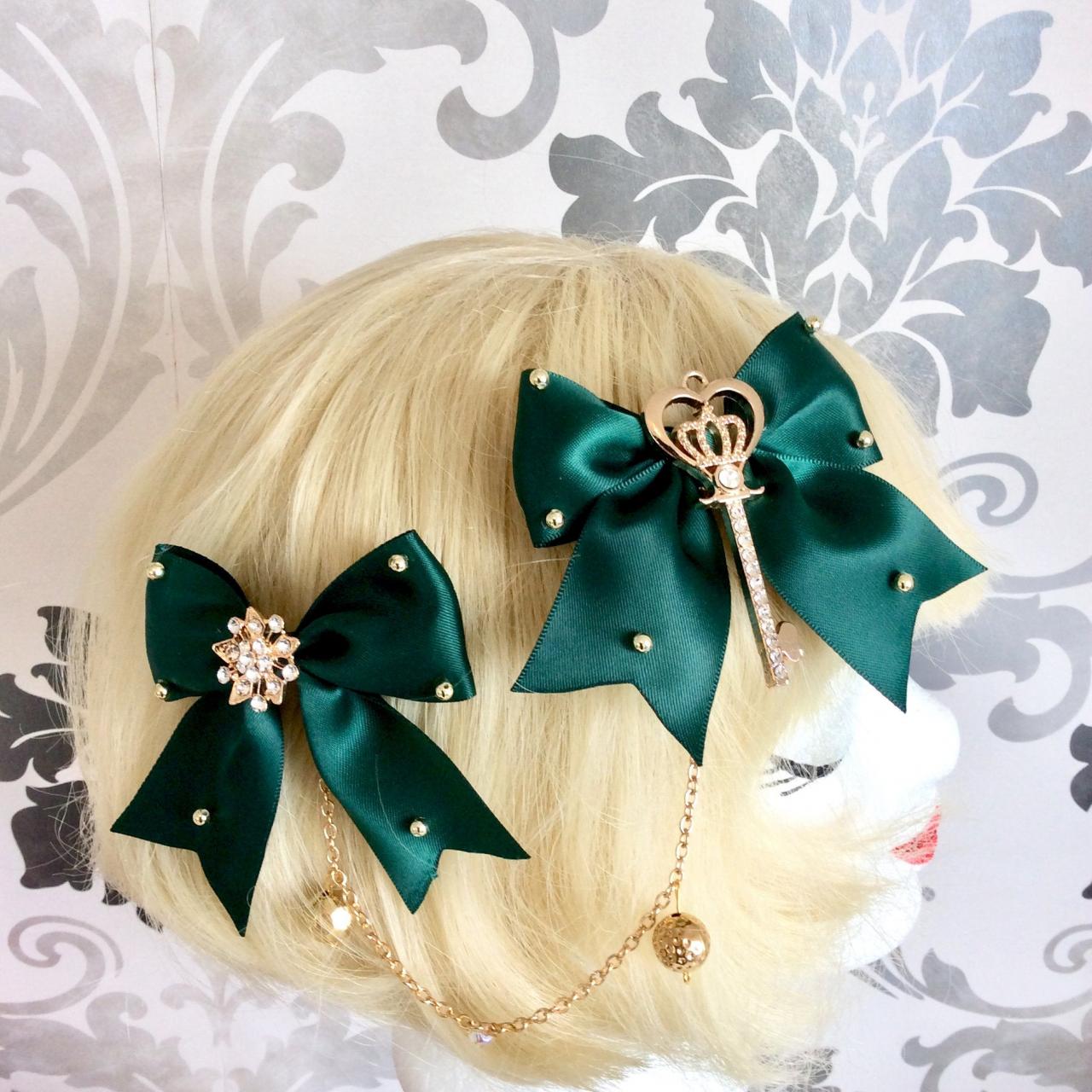 Pretty Satin Bows With Pearl Necklace, Brow Necklace, Key, Crown, Classic Lolita, Green, Hair Clip, Tiara, Headpiece, Gold,pearls,rhinestone