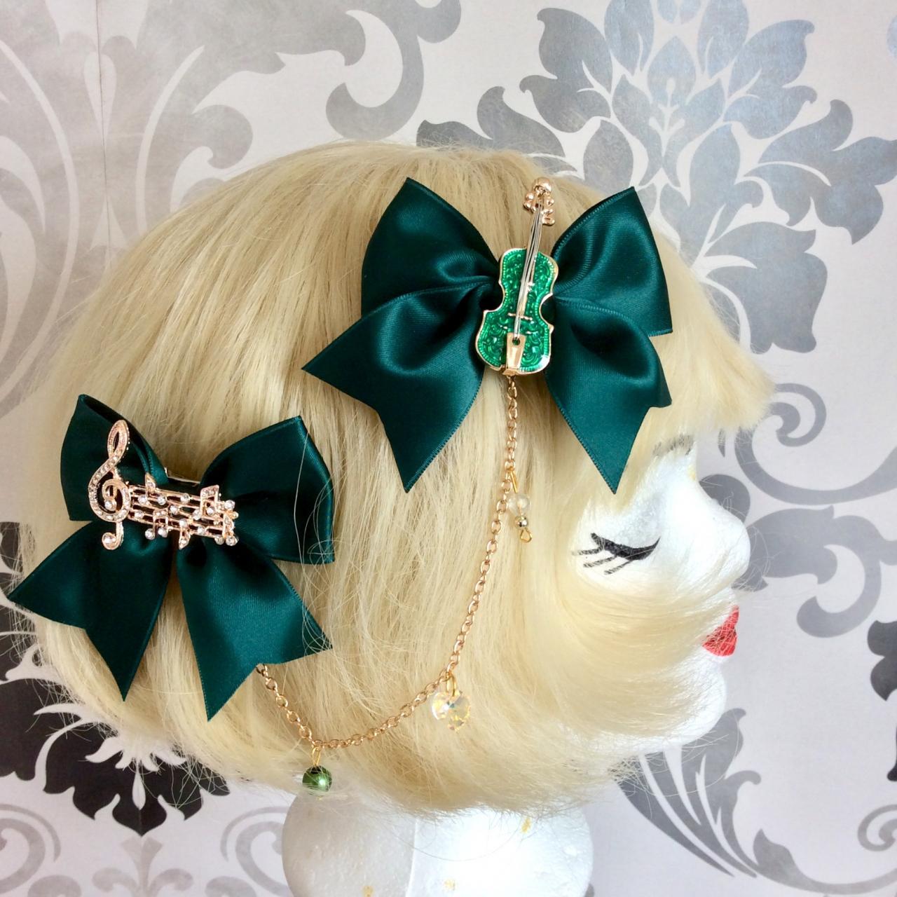 Pretty Satin Bows With Pearl Necklace, Brow Necklace Notes Violin Classic Lolita, Green, Hair Clip, Tiara, Headpiece, Gold,pearls,rhinestone