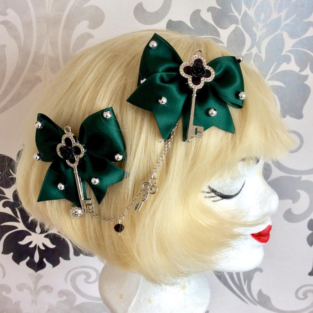 Pretty Satin Bows With Pearl Necklace Brow Necklace Key Alice Classic Lolita Green Hair Clip Rose Tiara Headpiece Silver Pearls Rhinestone