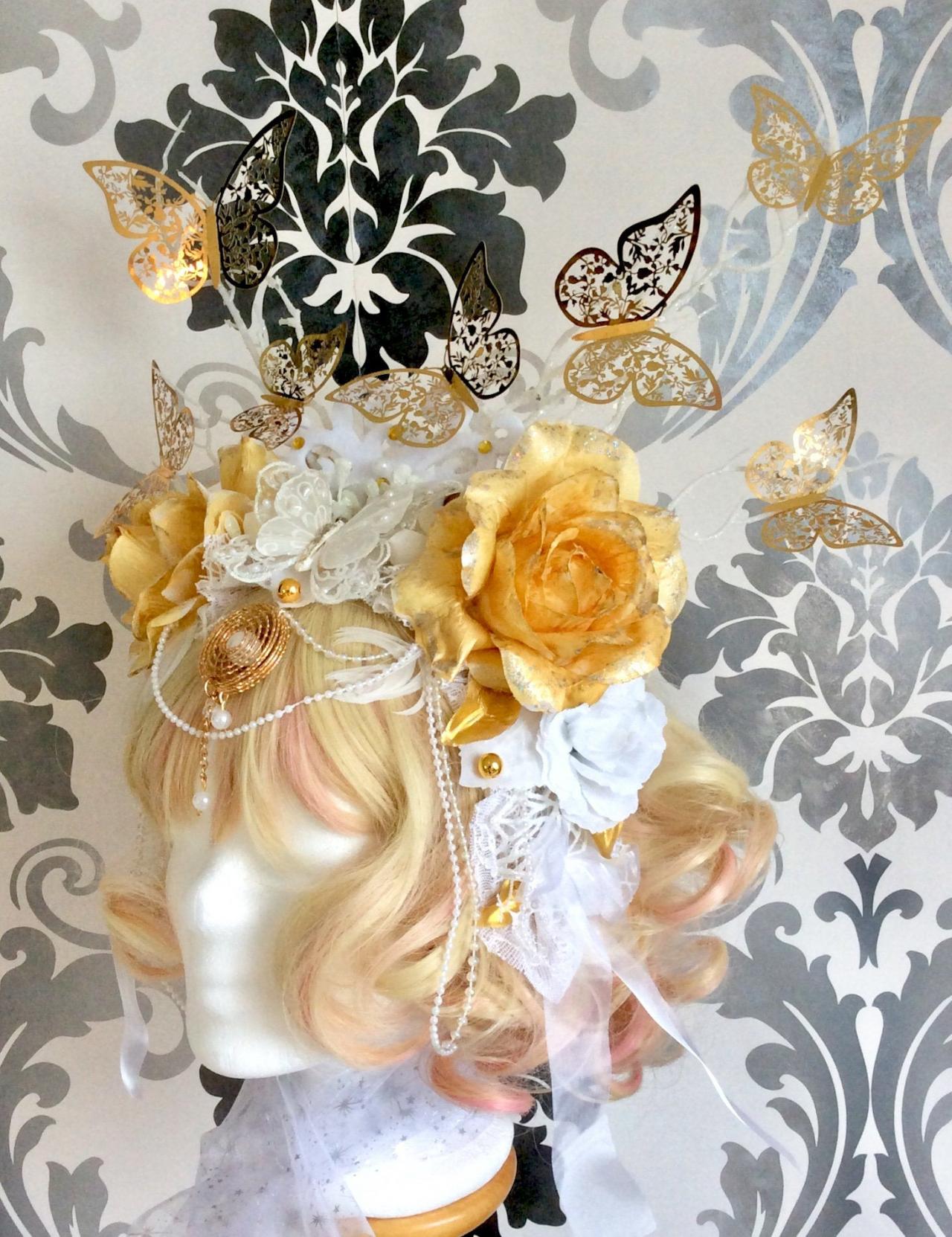 Glamorous Flower Crown, Butterflies, Ornament, Rhinestones, Bows, Pearls, Cosplay, Flowers, Roses, Fantasy, Elf, Fairy, White, Gold, Lace