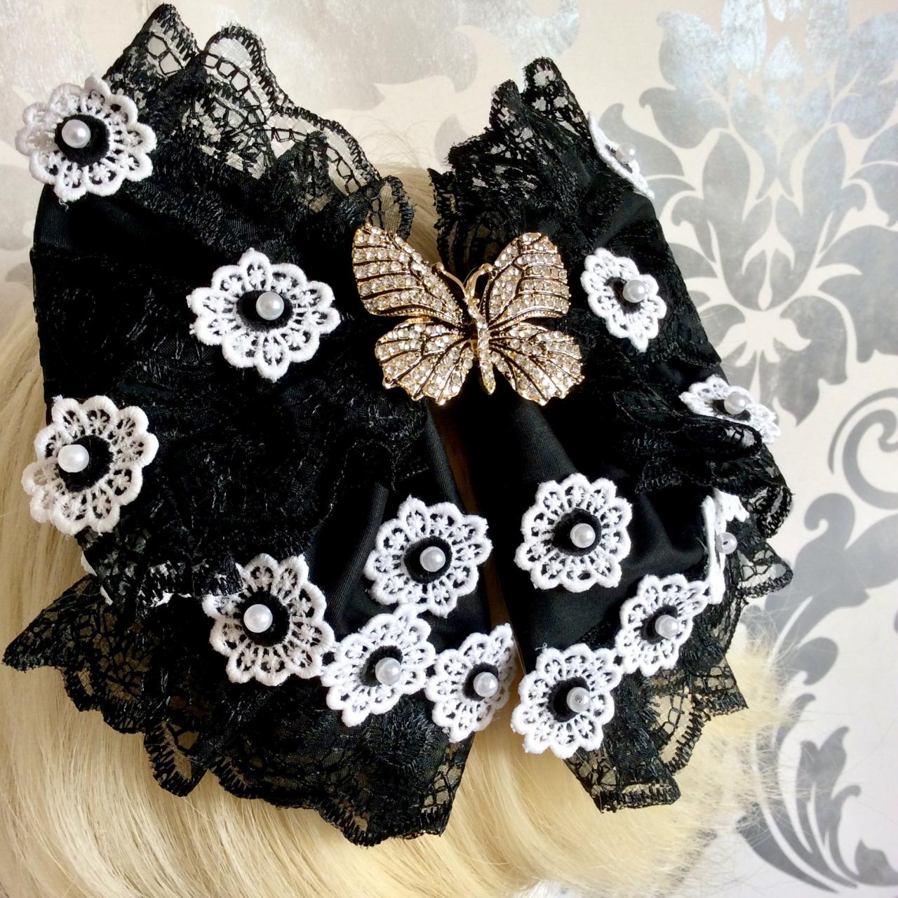 Pretty Hair Bow Headbow Black White Butterfly Gothic Lolita Lace Headpiece Headband Fascinator Beads Vintage Flower Clips Loop Floral Kawaii