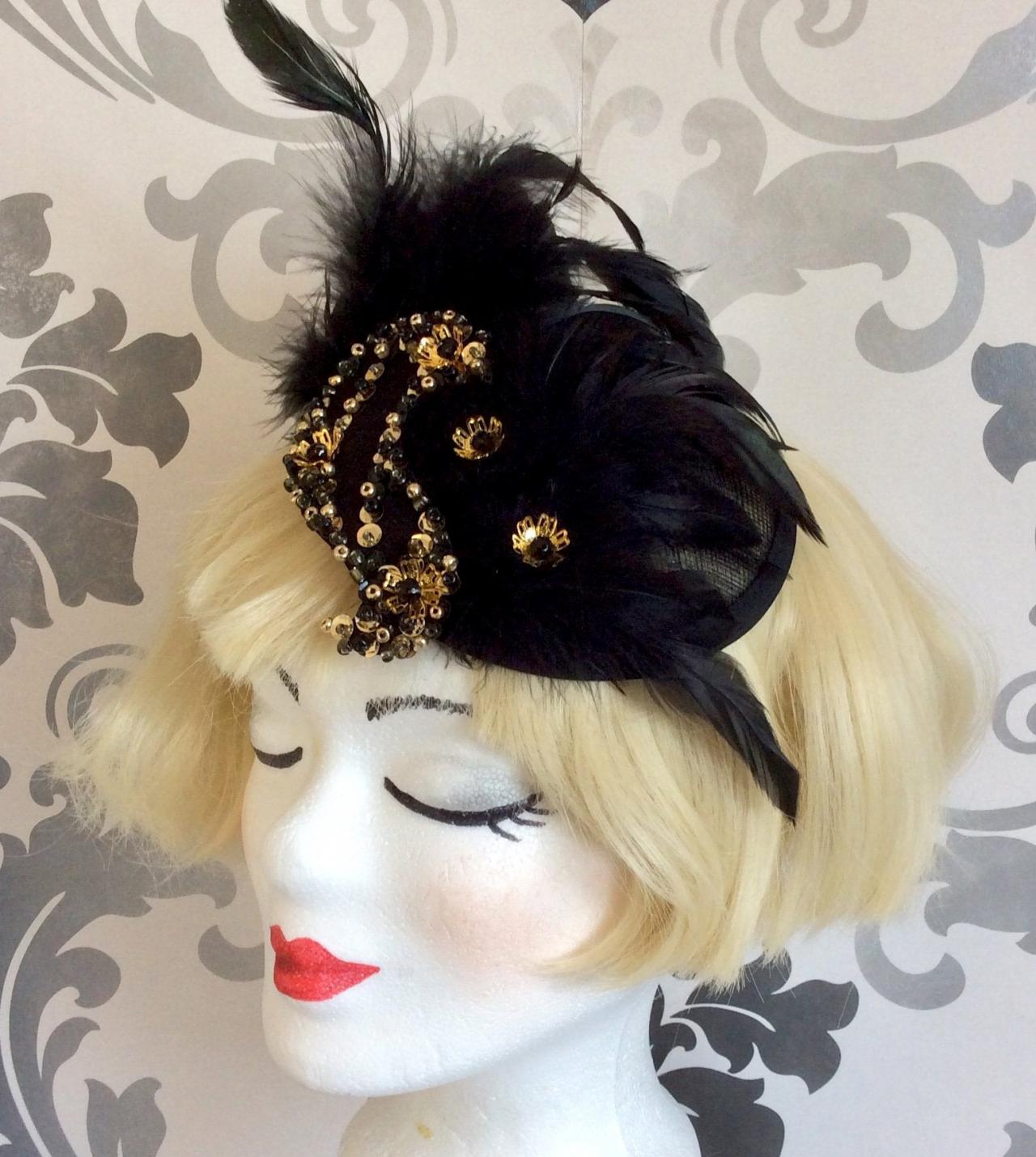 Elegant Fascinator Wedding Vintage Sequin Black Gold Ascot 