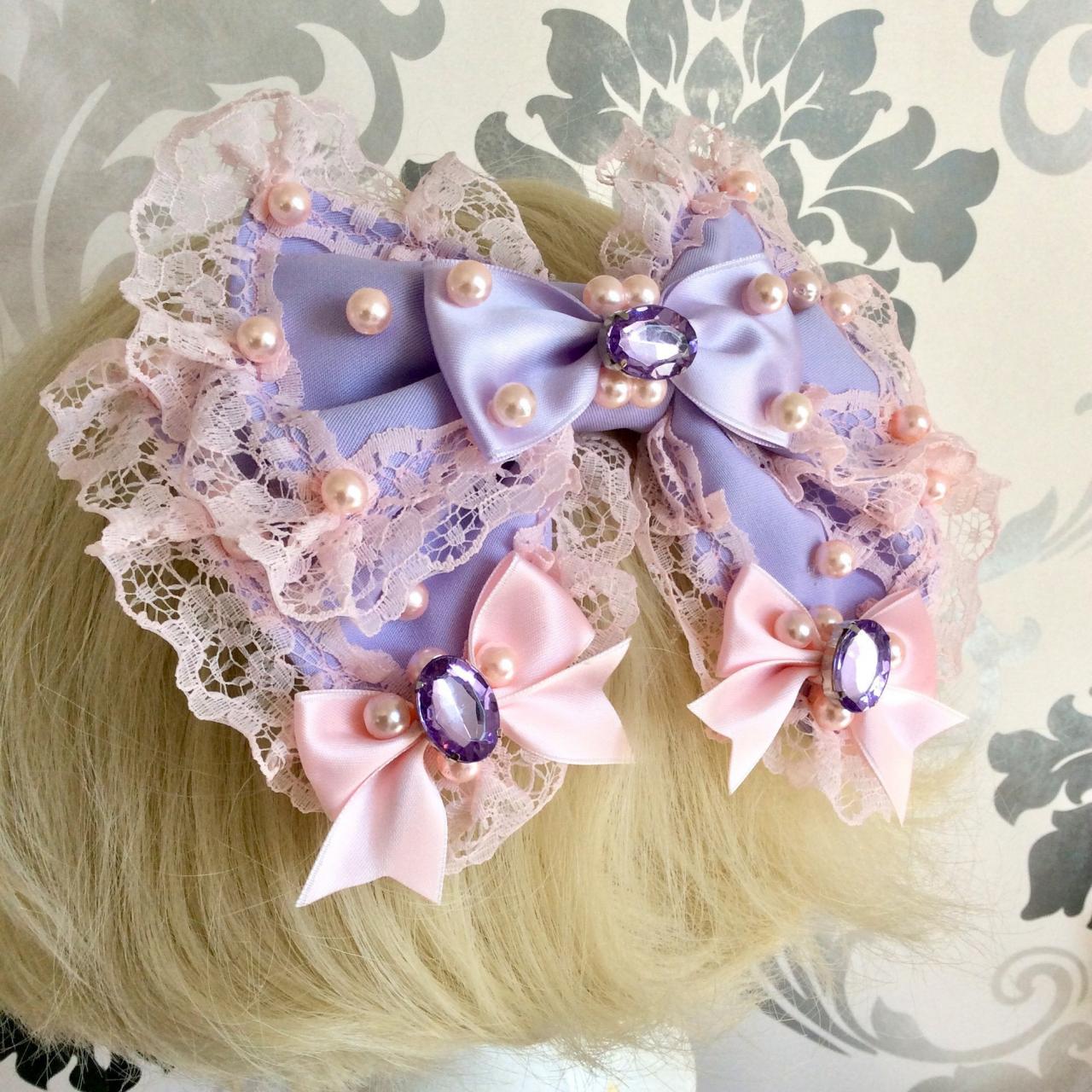 Beautiful Pink Lilac Hair Bow Decoration Lolita Rhinestone Pearls Frills Lace Braid Kawaii Sweet Heart Sweet Pastel Headdress Headpiece Fairykei