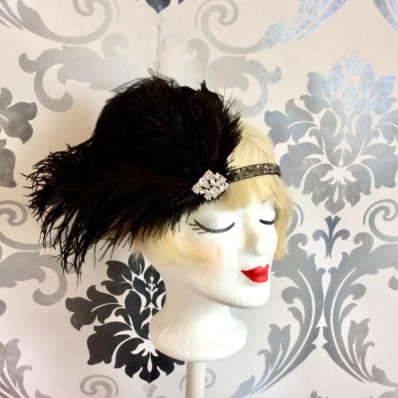 Elegant Gatsby Hair Band Marabu Feathers Rhinestone Black Silver Ascot Headpiece Headdress Art Deco Flapper 20's Charleston Burlesque