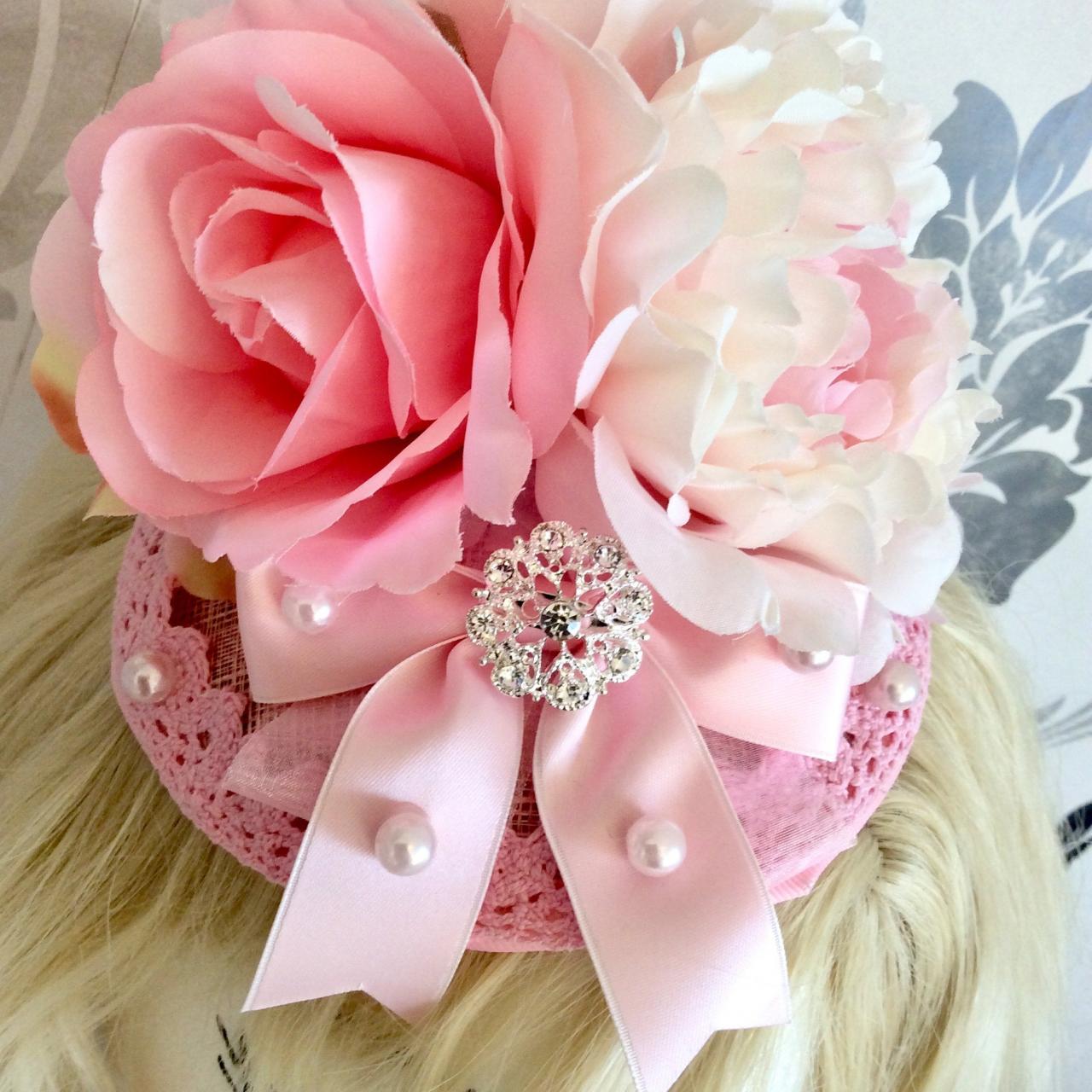 Vintage Fascinator Pink retro Rose Ribbon Headband Classic Lolita Pink Rockabilly Flower Beaded Organza Jewelry Rhinestone Wedding bride