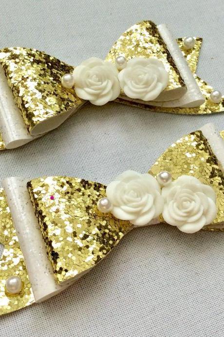 Beautiful Classic Lolita Hair Bows Roses Print Pearls Cameo Cabochon Resin Vintage Rockabilly Kawaii Wedding White Gold Glitter Brooch Pin