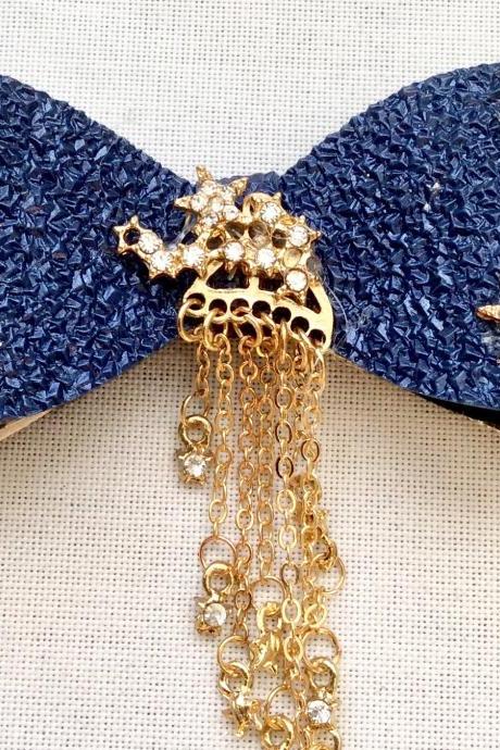 Beautiful Classic Lolita Hair Bow Pearls Cabochon Resin Stars Rhinestone Galaxy Blue Gold Planet Nightsky Constellation Brooch Queen Pin