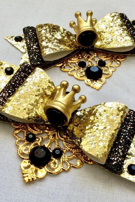 Beautiful Classic Lolita Hair Bow Pearls Cabochon Resin Vintage Rhinestone Kawaii Black Gold Fairytale Crown Diadem Brooch Baroque Queen Pin
