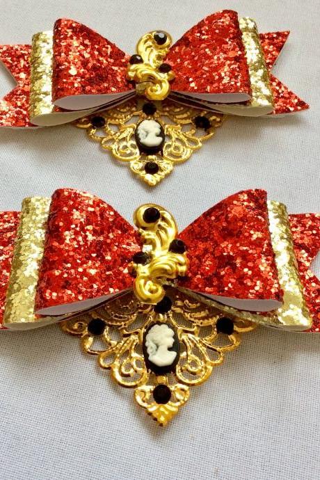 Beautiful Classic Lolita Hair Bow Pearls Cameo Cabochon Resin Vintage Rockabilly Baroque Wedding Glitter Brooch Pin Red Gold Shabby Shic Bow