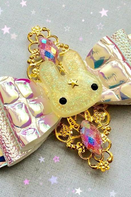 Sweet Lolita Hair Bow Bunny Rabbit Usagi Cabochon Resin Holo Holographic Rhinestone Kawaii Glitter Gold Brooch Pin Fairykei Pastelgoth Cute