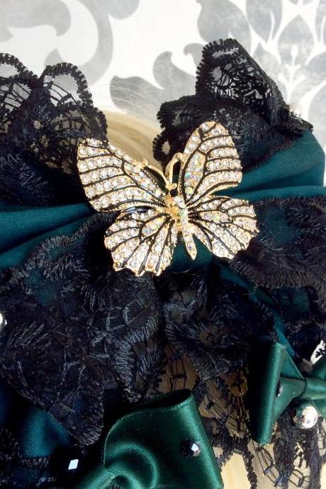 Pretty hair bow headbow green black butterfly gothic lolita lace headpiece headband fascinator beads vintage flower clips loop floral kawaii