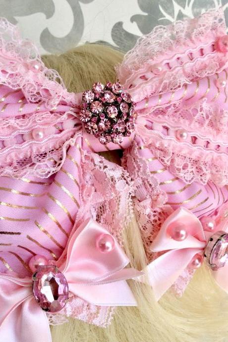 Beautiful pink gold hair bow decoration lolita rhinestone pearl lace resin cabochon kawaii sweet headdress hairbow wedding artdeco metallic