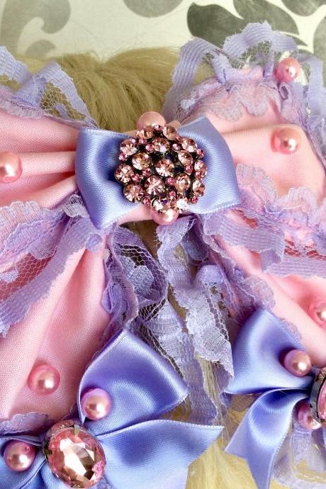 Beautiful pink lilac hair bow decoration lolita rhinestone pearls frills lace braid kawaii sweet heart sweet pastel headdress headpiece 