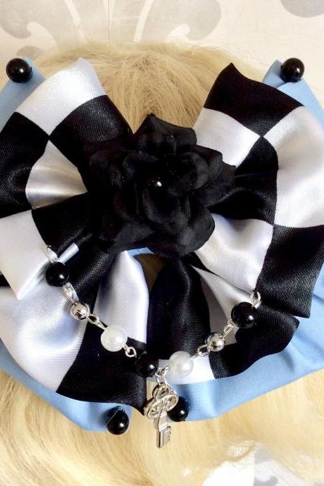 Pretty Alice in Wonderland inspired hair bow lolita sweet cosplay pearl key rose kawaii chessboard light blue headpiece