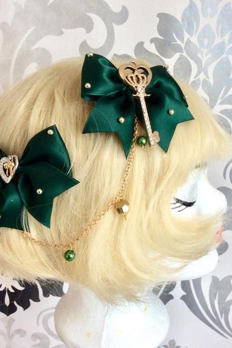 Pretty Satin Bows With Pearl Necklace, Brow Necklace, Key, Crown, Classic Lolita, Green, Hair Clip, Tiara, Headpiece, Gold,pearls,rhinestone