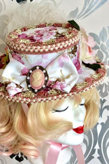 Beautiful Sweet / Classic Lolita hat satin ribbons, roses pearls lace wedding vintage shabby chic victorian cameo gemme resin cabochon