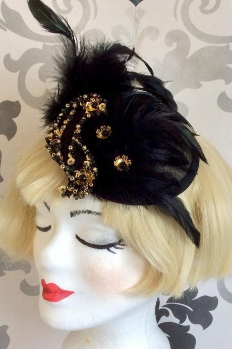 Elegant Fascinator Wedding Vintage Sequin black gold ascot cap hat headpiece headdress art deco flapper 20s charleston felt gothic victorian