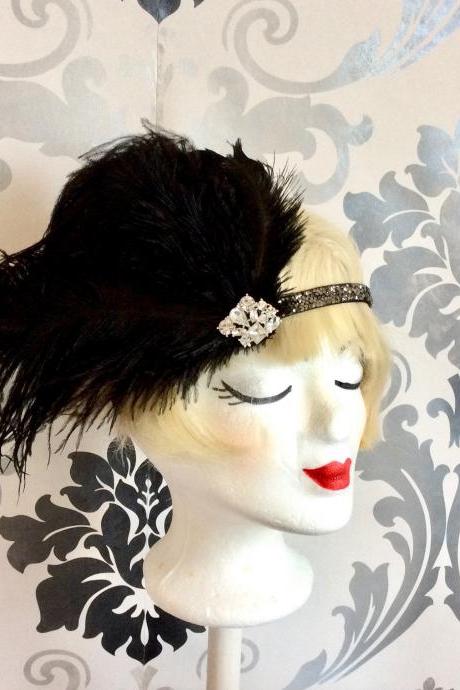 Elegant Gatsby hair band marabu feathers rhinestone black silver ascot headpiece headdress art deco flapper 20's charleston burlesque party