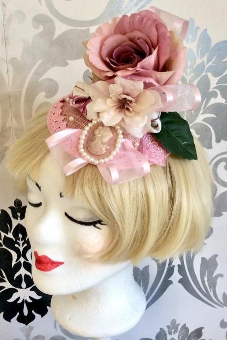 Vintage Fascinator Pink pearls Rose Ribbon Headband Classic Lolita Pink Rockabilly Flower cabochon Organza Jewelry cameo Wedding bride