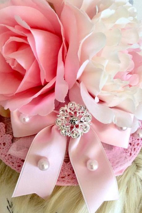 Vintage Fascinator Pink Retro Rose Ribbon Headband Classic Lolita Pink Rockabilly Flower Beaded Organza Jewelry Rhinestone Wedding Bride