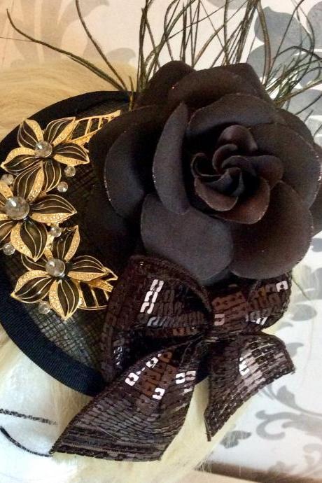 Elegant Fascinator Wedding Vintage Sequin Brown Gold Ascot Beanie Hat Headdress Headdress Paillette Art Deco Flapper 20s Charleston Bow Rose