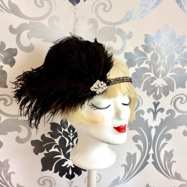 Elegant Gatsby hair band marabu feathers rhinestone black silver ascot headpiece headdress art deco flapper 20's charleston burlesque party