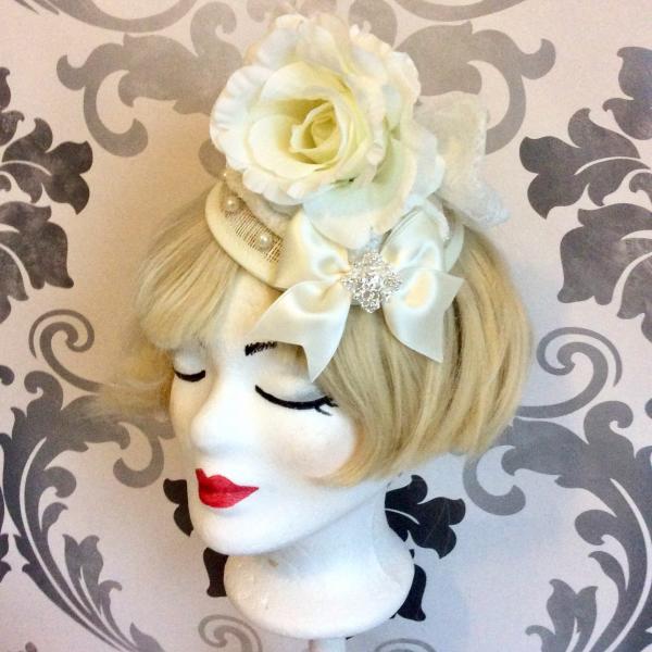 Vintage Fascinator ivory retro Rose Ribbon Headband Classic Lolita Pink Rockabilly Flower pearls Jewelry Rhinestone Wedding bride shabby